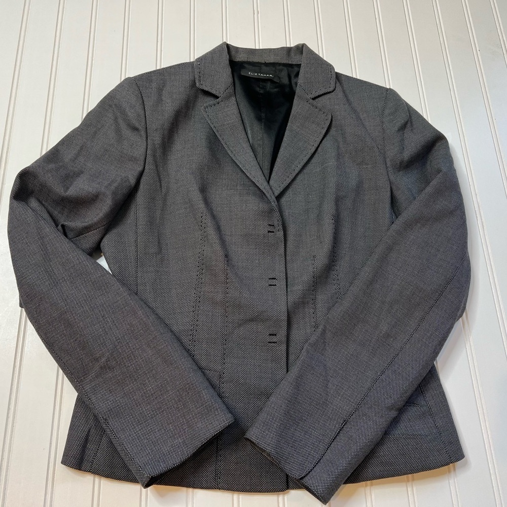 Elie Tahari Womens Blazer Suit 8 Black Gray Career Jacket Wool Blend 949
